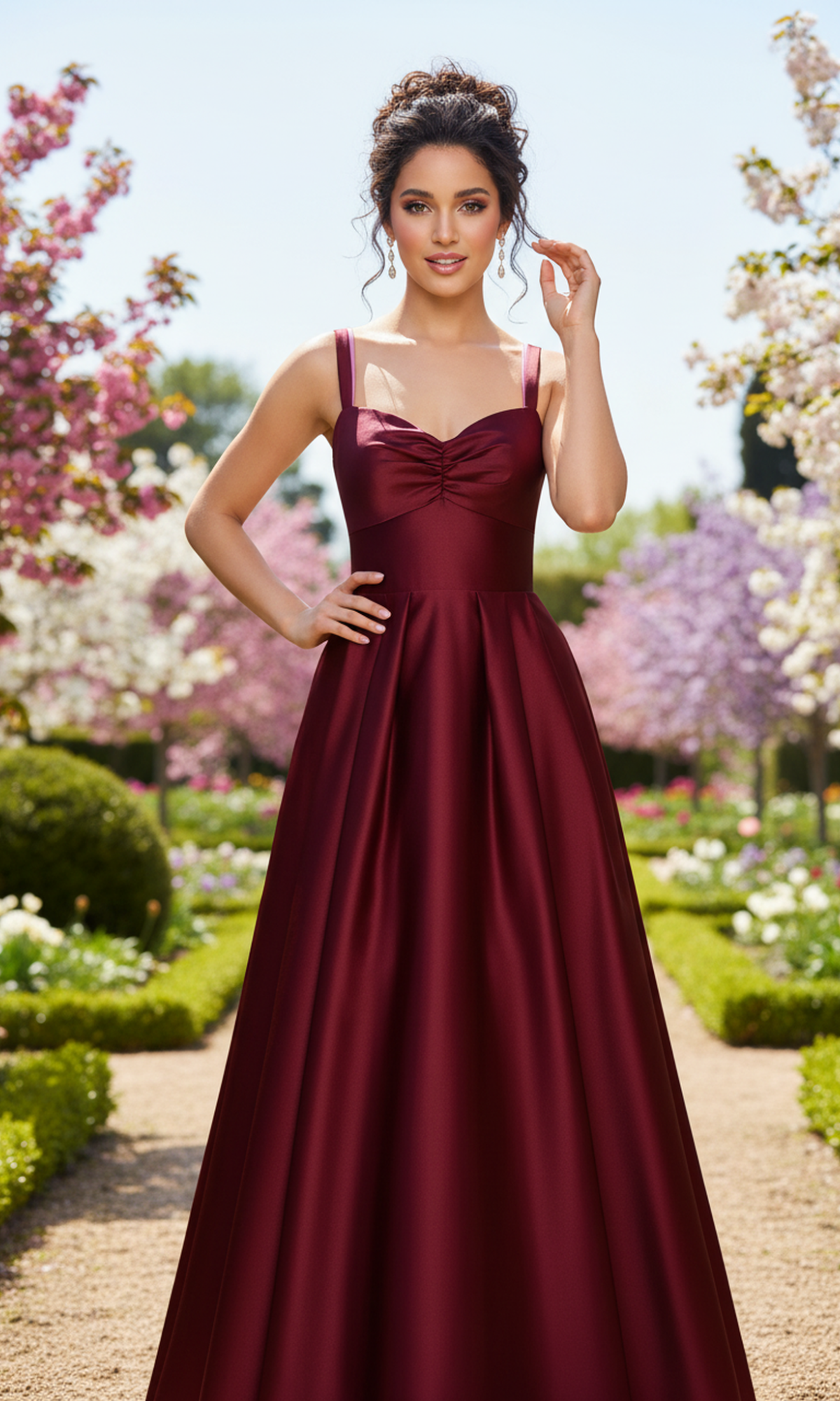 A woman wearing the Long Prom Dress: Blondie Nites 6192BN, a sleeveless, floor-length burgundy A-line gown with a sweetheart neckline, poses in a garden with blooming pink and white trees.